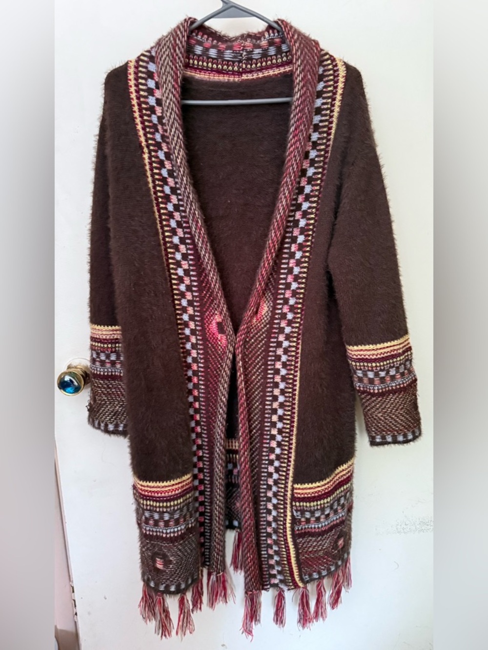 Cozy Boho Brown Fringe Open-Front Soft Fuzzy Knit Cardigan Sweater